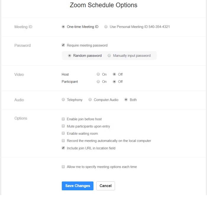 Zoom Web Scheduling Options